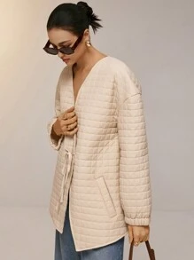 Poéselle Abrigo acolchado con cordones, textura a cuadros sólidos y lazo para mujer. Chaqueta acolchada acolchada de otoño e invierno - Caqui - Ver 5