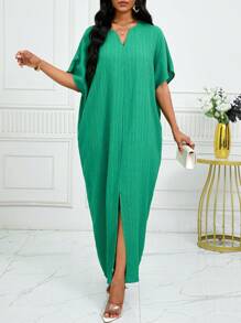 SHEIN Lady Autumn And WinterWorkGreenNotchedBatwing SleeveKaftan Dress - Green - View 6