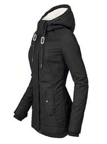 Plus Size Women's Thickened Hooded Parka Jacket - Black - View 2
