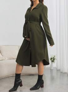 SHEIN Maternity Casual Button Shirt Dress, Long Loose Pregnancy Dress For Fall Season