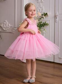 SHEIN Glamorique Kids 新款 2022 公主女童羽毛网眼紫粉色派对礼服，女童圣诞派对礼服，儿童舞台表演礼服 - 粉色 - 查看 5