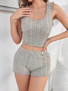 Bộ đồ ngủ 2 chiếc quần short yếm dây rộng nhún bèo cho nữ - Xám - Xem 6
