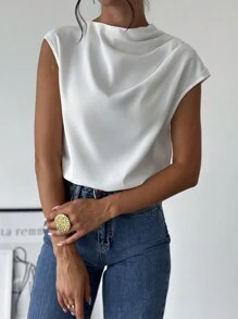 Firerie Áo cánh tay lửng đơn giản thanh lịch sang trọng cho nữ đi làm văn phòng màu trắng cổ đứng không đối xứng xếp ly vai - trắng - Xem 2