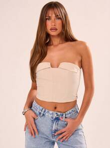 MUSERA Áo croptop cổ xếp ly, thích hợp mặc đi chơi, đi nghỉ mát, mùa xuân hè, lễ hội, ngày lễ. - Màu be - Xem 1