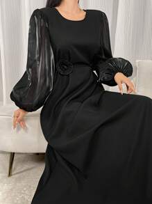 Al Najma 女士纯色圆领网眼灯笼袖花卉装饰优雅连衣裙，适合晚会/婚礼宾客的优雅风格，超长适中的长袖阿拉伯连衣裙 - 黑色 - 查看 6