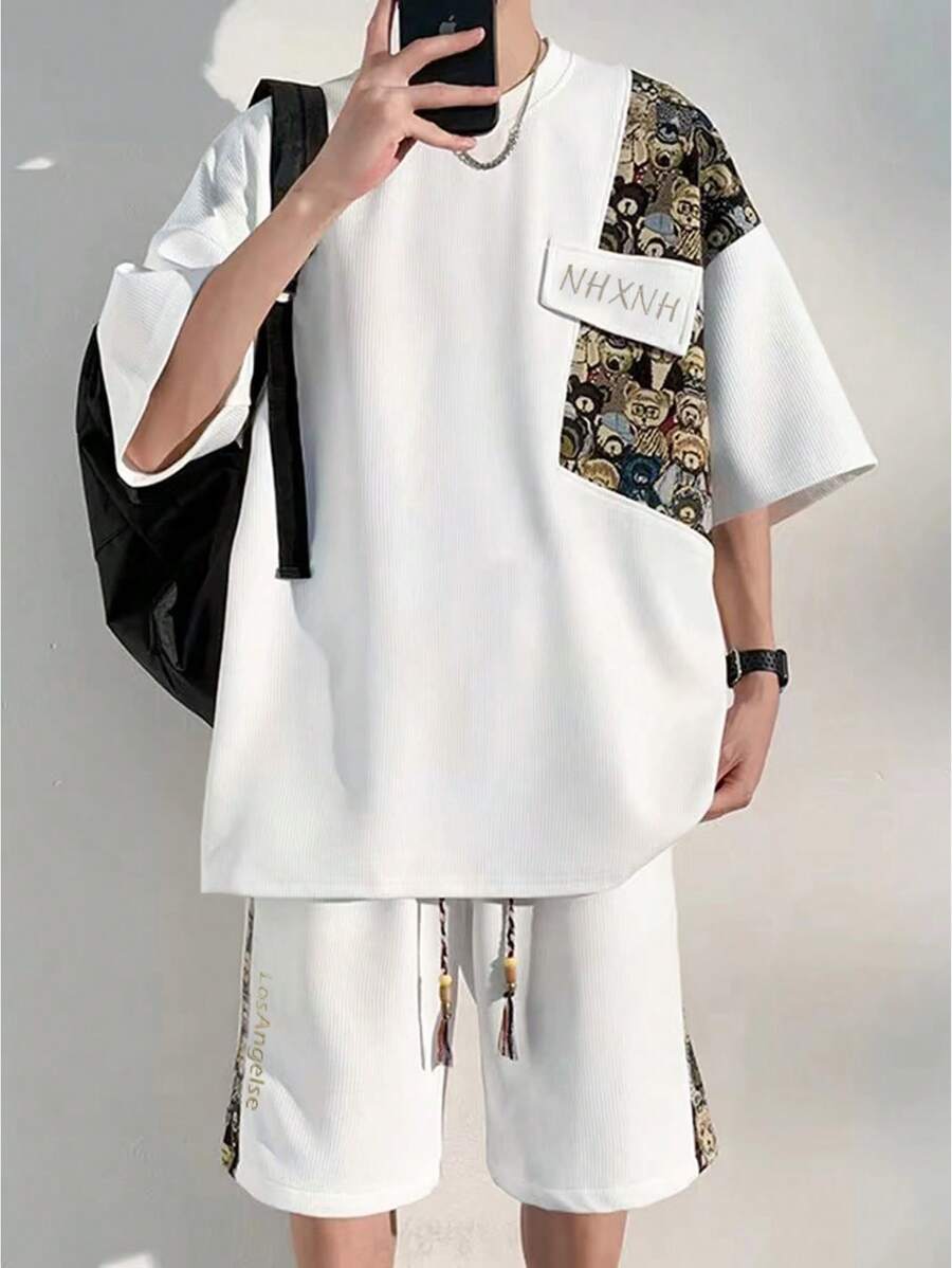 2pcs Men's Summer Letter & Cartoon Bear Graphic Print Crew Neck Tee And Drawstring Waist Shorts Set - White - View 1