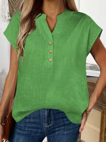 EMERY ROSE 女士纯色简约休闲短袖衬衫 - 綠色 - 查看 1