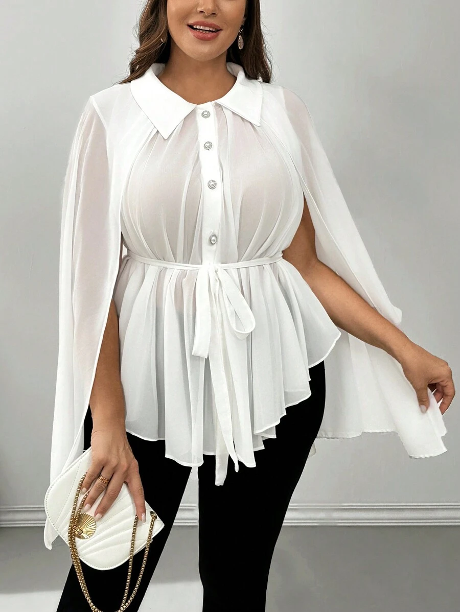 SHEIN Privé Plus Size Women Minimalist Comfortable Pleated White Blouse For Work & Prom - White - View 1