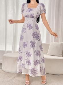 Modelyn Đầm Maxi Cổ Vuông In Hoa Tay Ngắn Cho Nữ Trang Phục Đầm Dạ Hội Dài - Màu tím - Xem 5