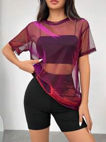 SHEIN EZwear Damen durchsichtiges Mesh Kleid mit Rundhalsausschnitt und Kurzarm