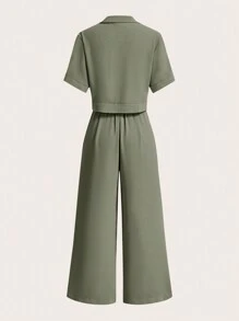 SHEIN Clasi 2 件女式领口腰线口袋短款衬衫和阔腿裤套装 - 軍綠色 - 查看 2