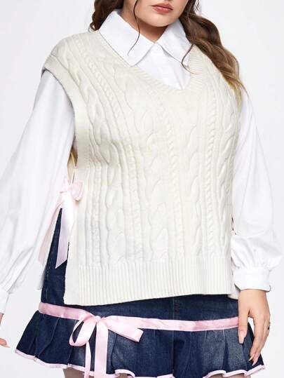 Kawaii Gilet tricoté tressé avec nœud, coupe ample et décontractée
