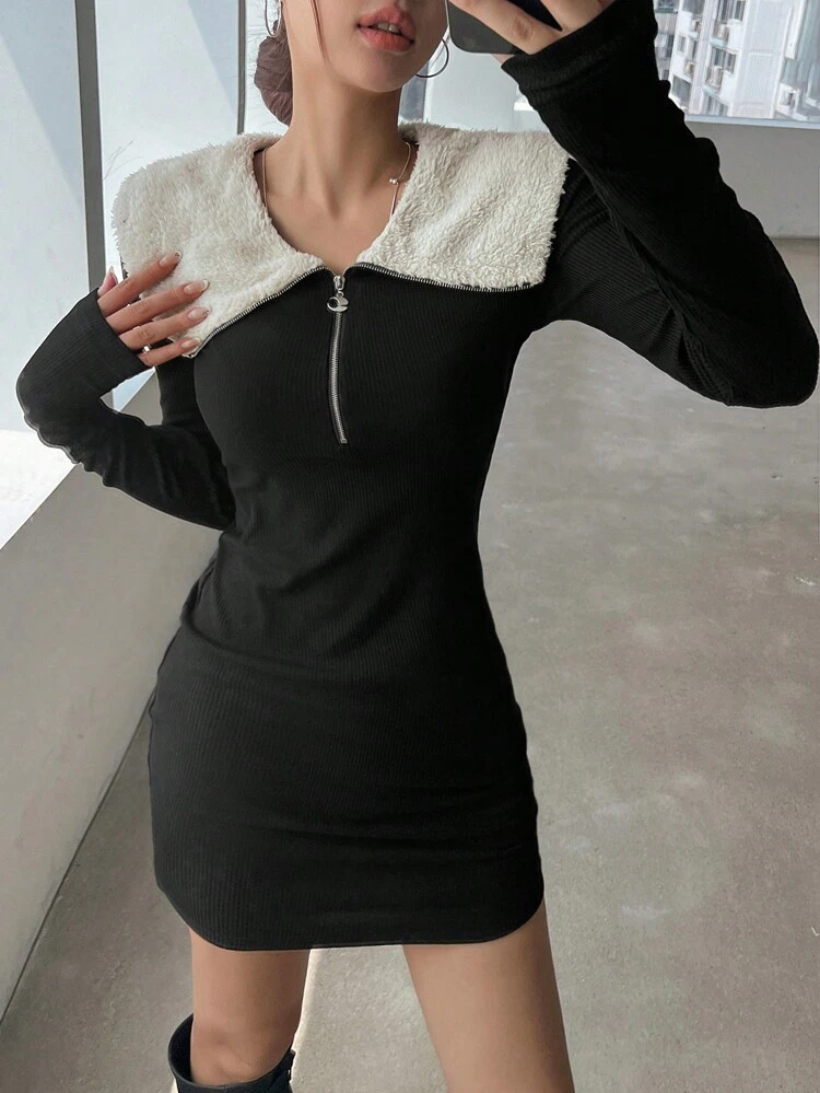Vestido de suéter de cuello alto térmico y forrado largo para mujer, vestido mini, ropa de otoño