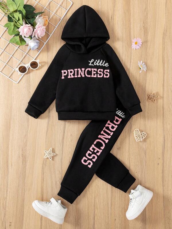 SHEIN 2pcs/Set Young Girl Casual English Letter Hoodie Sweatshirt And Letter Printed Pants Set, Spring & Fall Black Baby Girls Setsbaby Girl Hoodie Set
