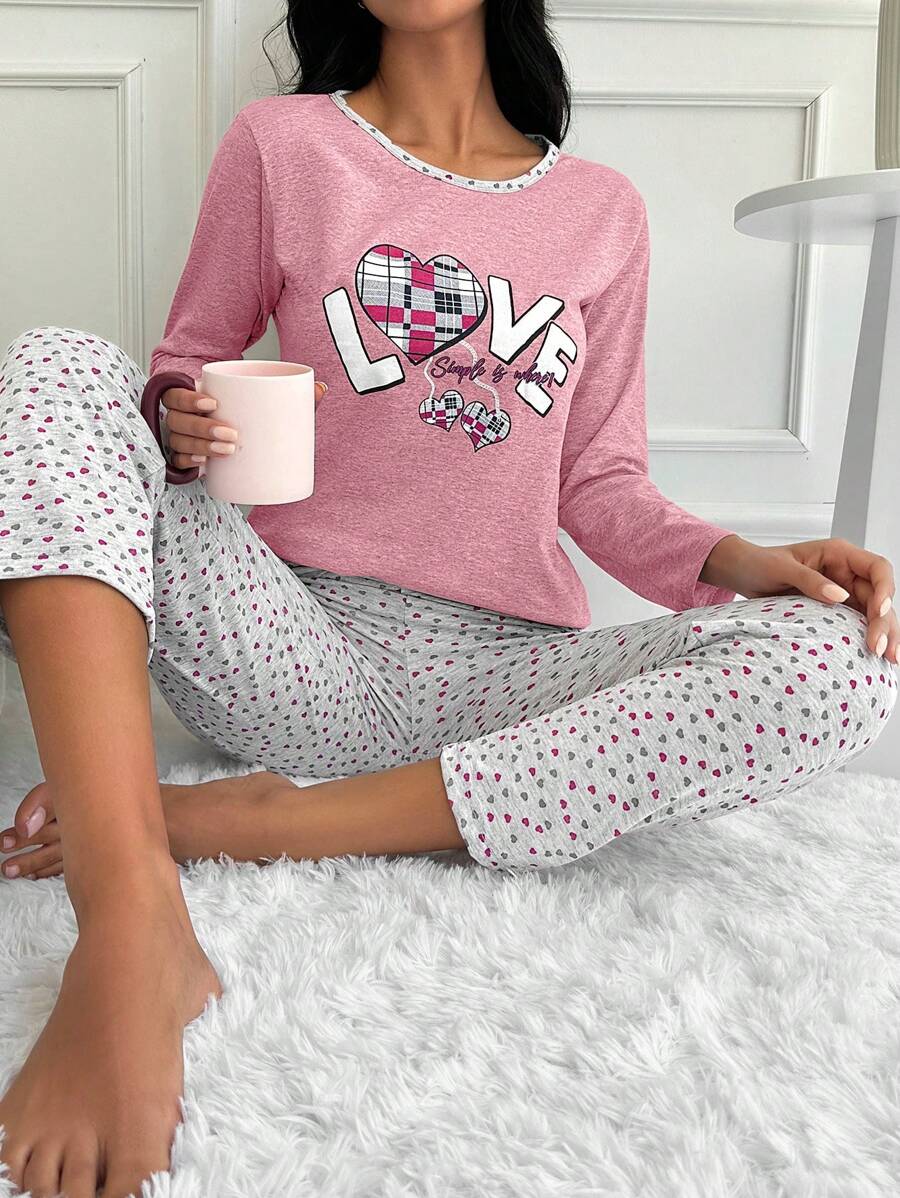 EURMUSE 女士圆领字母印花长袖上衣和全身印花长裤睡衣套装