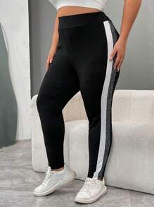 SHEIN CURVE+ 大码夏季休闲拼布弹力紧身裤，适合运动和日常穿着 - 黑色 - 查看 7