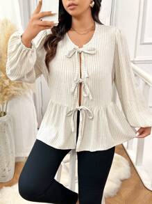 SHEIN Frenchy Áo sơ mi babydoll thắt nơ sọc cỡ lớn thường ngày - Màu be - Xem 5
