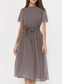 PoPoHouse Women's Elegant Round Neck Polka Dot Print Short Sleeve Waist Dress, Spring/Summer Dresses, Vacation Outfits Women, Beach Dress ,Valentine Outfits For Women - Coffee Brown - View 4