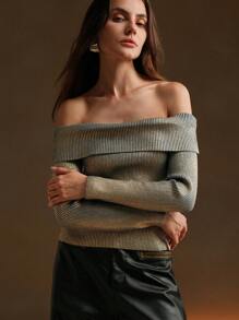 Anewsta Suéter elegante y sexy de mujer con hombros descubiertos y lámina metálica dorada, jersey de punto para otoño e invierno - Amarillo - Ver 5
