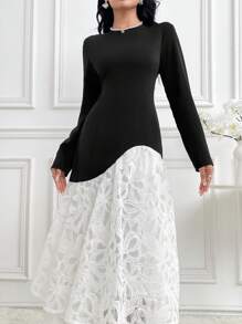 Modelyn Damen elegantes Farbkontrast-Spitzenkleid mit Patchwork, Frühling/Herbst