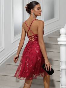 Allurite Women's Summer Floral Sequins Mesh Contrast Slip Dress - Burgundy - View 1