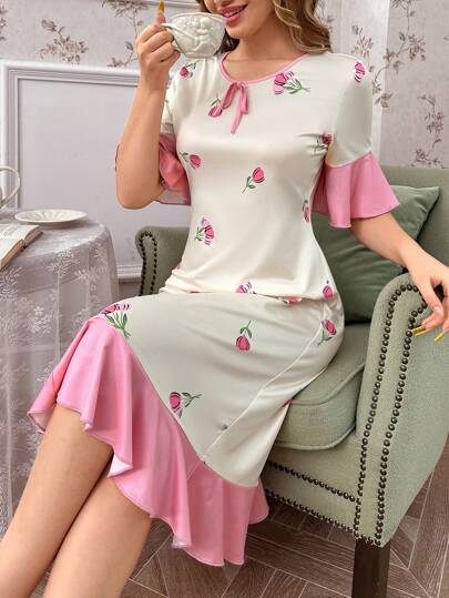 CottageSlumber 花卉印花荷叶边下摆撞色睡裙娃娃裙完美夏日