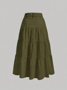 SHEIN MOD 净色多层荷叶边下摆半身裙 - 軍綠色 - 查看 2