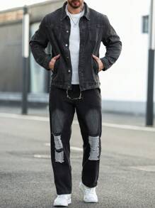 Manfinity Homme Plus Size Men's Solid Color Long Sleeve Jacket And Long Pants Denim Fall Outfits Suit - Black - View 6