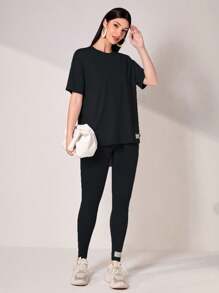 Mulvari Bộ đồ hai mảnh nữ Đắp vá Lá thư Giải trí - màu đen - Xem 4