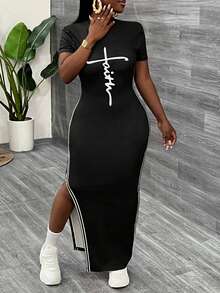 Slaydiva Black Casual Split Hem Dress For Women - Black and White - View 7