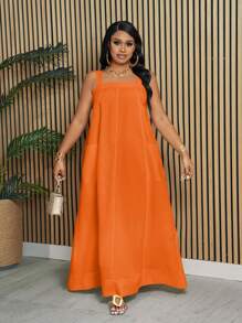 Slaydiva Vestido suelto de talla grande sin mangas con bolsillos y bajo en línea A para damas, primavera-verano - C