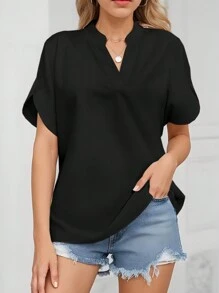 INAWLY 女士夏季休閒純色凹口領蝙蝠袖襯衫 - 黑色 - 查看 3