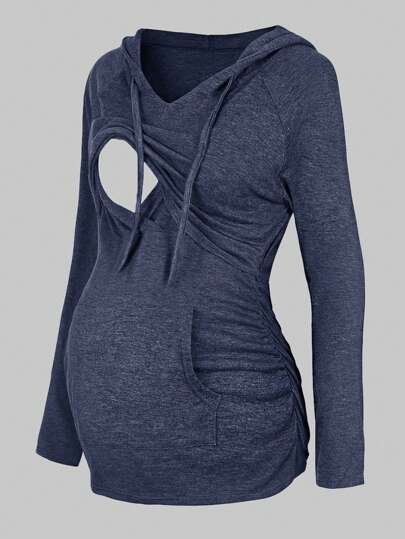 SHEIN Maternity Solid Color Drawstring Hooded Raglan Sleeve Long Sleeve Nursing Tops