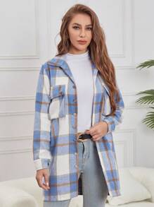 Manteau décontracté à manches longues pour femmes avec col revêrant en laine à carreaux, fermeture à boutons, poches à double rabat, pour l'automne et l'hiver