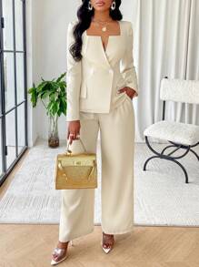 Zolique Solid Belted Straight Leg Pants - Beige - View 3