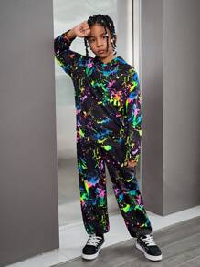 SHEIN Leap Crew 2 件 Tween Boy 荧光效果连帽运动衫和裤子套装，适合秋冬季的休闲街头风格 - 彩色 - 查看 5
