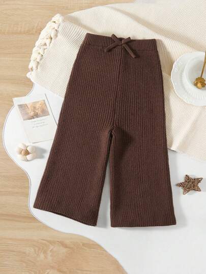 SHEIN Vintaside Kids Pantaloni a zampa di bambina lavorati a maglia, Marrone lungo, caldo, confortevole, di moda, semplice, versatile, adatto per uso quotidiano, all'aperto, viaggi, autunno e inverno