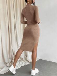 RueChic Mock Neck Split Thigh Sweater Dress - Camel - View 2