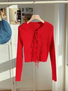 SHEIN X Garcia Sisters Comfortcana Cárdigan de manga larga ajustado con lazo delantero en un suave y dulce tono carmesí para otoño/invierno