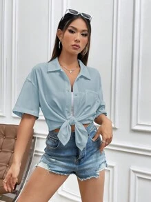 SHEIN Unity Áo sơ mi nữ tay ngắn trễ vai màu trơn rộng rãi thường ngày - Màu xanh lam - Xem 5