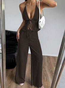SHEIN Clasi Conjunto de camiseta de tirantes y pantalones anchos sueltos plisados con textura sexy para mujer, verano