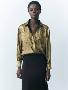 Maija Camisa de mujer de manga larga con botones, blusa dorada, blusas básicas, vestidos para mujeres, elegante atuendo de mujer para el trabajo