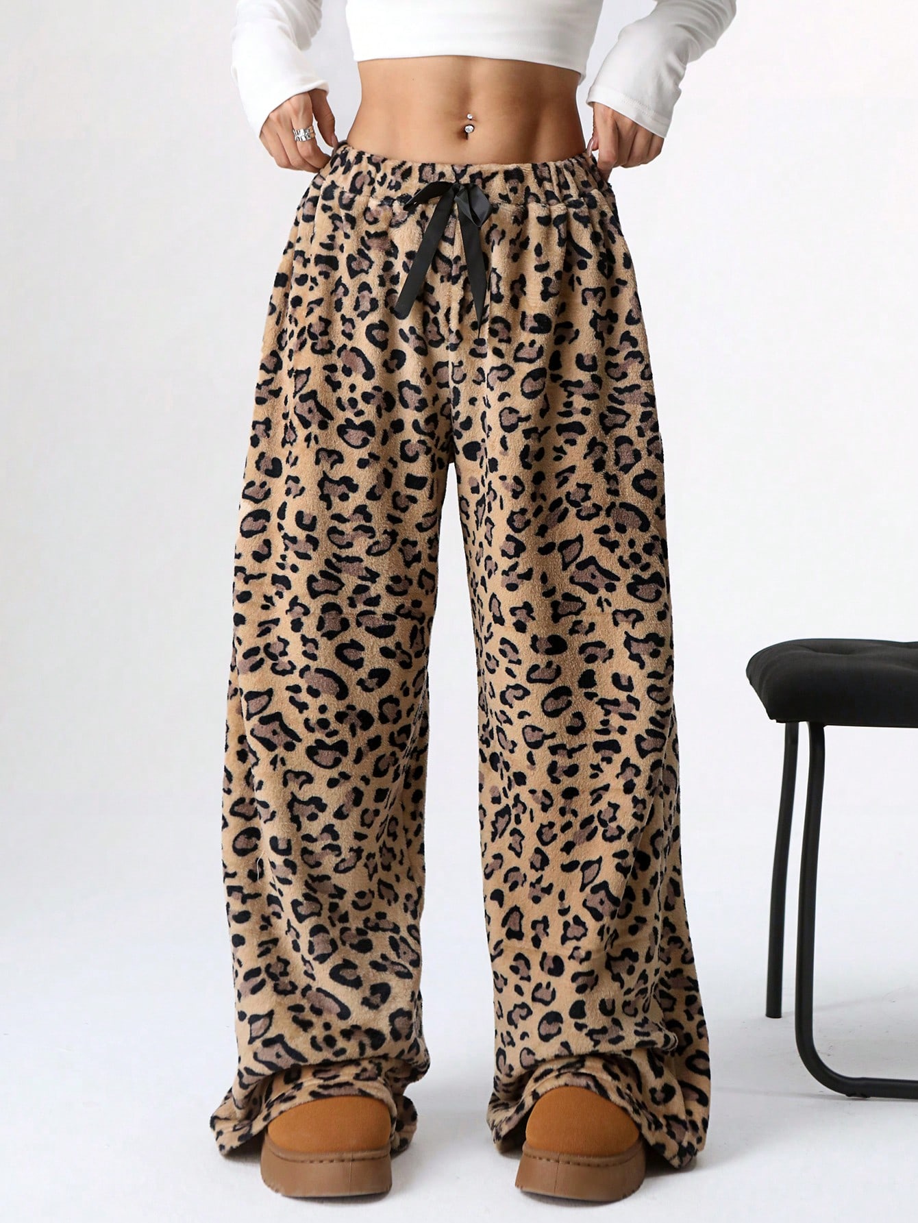 Women's Waist Tie Fluffy Leopard Print Drawstring Loose Pants 10k+ sold