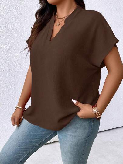EMERY ROSE Plus Size Women's Solid Color V-Neck Batwing Short Sleeve Casual Loose Blouse