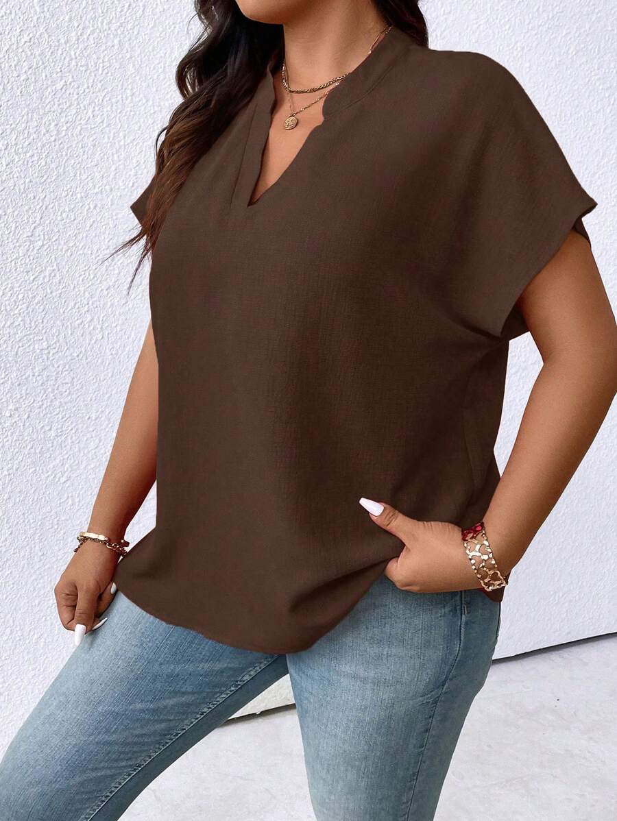 EMERY ROSE Plus Size Women's Solid Color V-Neck Batwing Short Sleeve Casual Loose Blouse