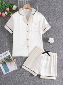 SHEIN 2pcs Teenage Girls Satin Contrast Color Bow Blouse And Shorts Pajama Set - Beige - View 1