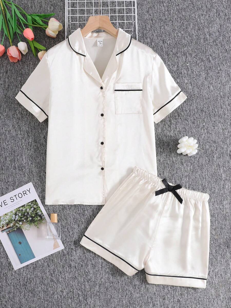 SHEIN 2pcs Teenage Girls Satin Contrast Color Bow Blouse And Shorts Pajama Set - Beige - View 1