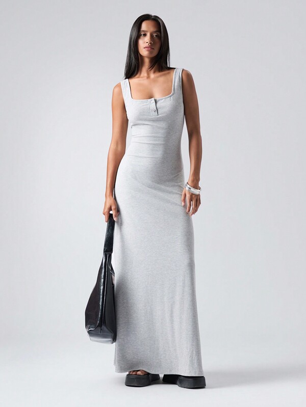 LYSMO Vestido casual largo de cuello cuadrado con botones y media cartera de unicolor para mujer, verano