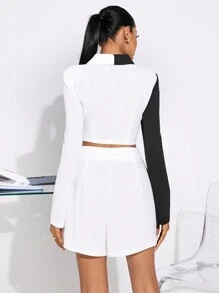 SHEIN SXY 2pcs Women Spring And Summer Fashion Colorblock Crop Jacket & Mini Skirt Suit Office Wear Women