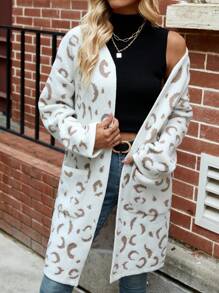 Chiquease Women's Leopard Print Drop Shoulder Long Sleeve Pocket Loose Casual Cardigan